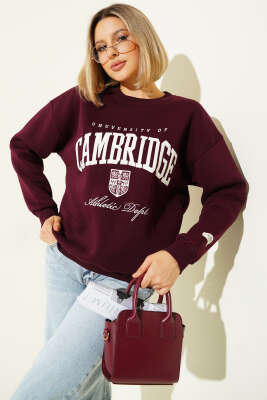 Cambridge Baskılı Sweatshirt Mürdüm - Kadın Giyim Modelleri