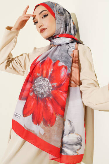 Camellia Desen Şal Kırmızı - Başörtüsü