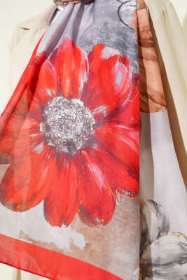 Camellia Desen Şal Kırmızı - Başörtüsü