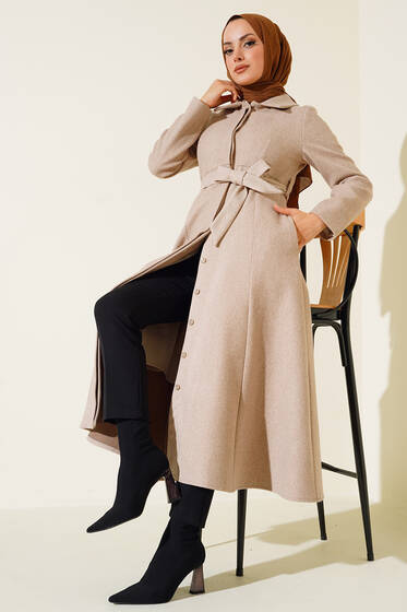 Çan Kesim Düğmeli Kaşe Kaban Bej - Kaban