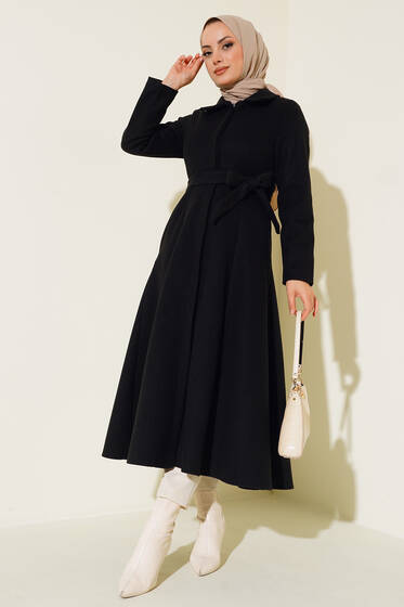 Çan Kesim Düğmeli Kaşe Kaban Siyah - Kaban