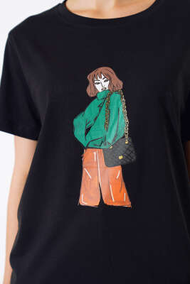 Çantalı Kız Baskılı T-shirt Siyah - Kadın Giyim Modelleri
