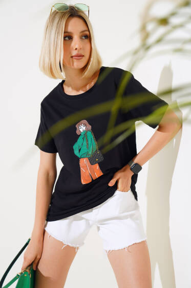 Çantalı Kız Baskılı T-shirt Siyah - Yeni Giyim