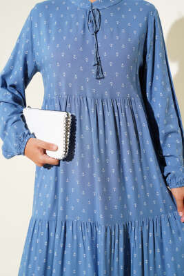 Çapa Desenli Kat Elbise Indıgo - Tesettür Elbise