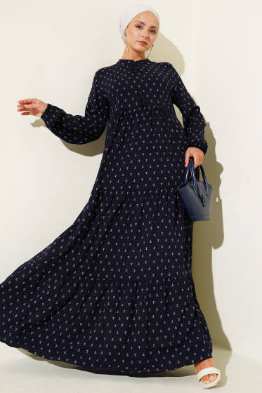 Çapa Desenli Kat Elbise Lacivert - Elbise