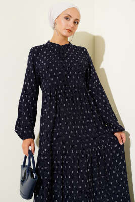 Çapa Desenli Kat Elbise Lacivert - Tesettür Elbise