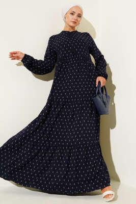 Çapa Desenli Kat Elbise Lacivert - Tesettür Elbise