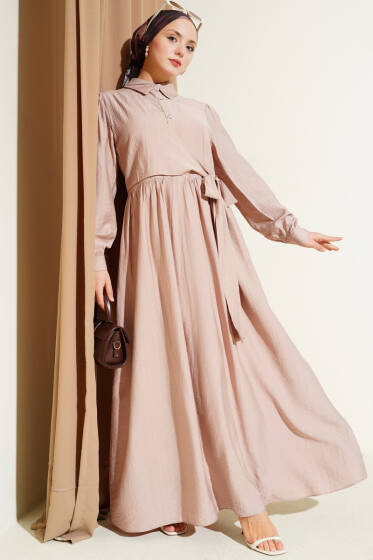 Çapraz Bağlamalı Taş Düğmeli Elbise Bej - Elbise