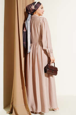 Çapraz Bağlamalı Taş Düğmeli Elbise Bej - Elbise