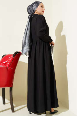 Çapraz Bağlamalı Taş Düğmeli Elbise Mavi - Elbise