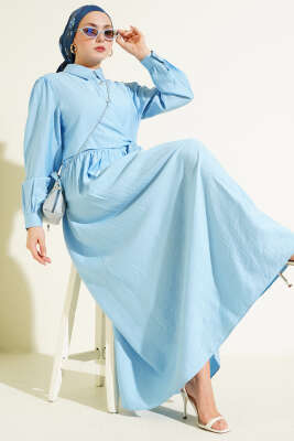 Çapraz Bağlamalı Taş Düğmeli Elbise Mavi - MODA NORVELLA