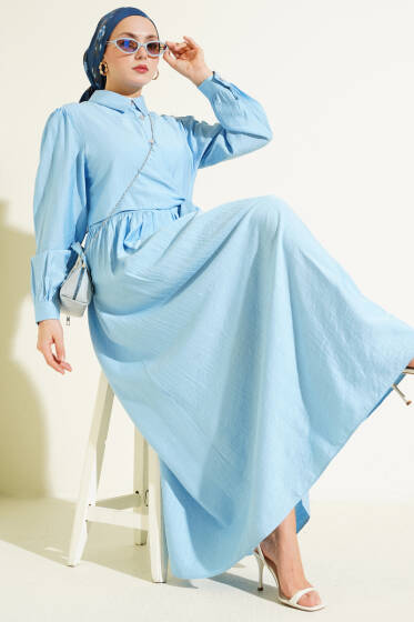 Çapraz Bağlamalı Taş Düğmeli Elbise Mavi - Elbise