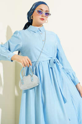 Çapraz Bağlamalı Taş Düğmeli Elbise Mavi - Elbise