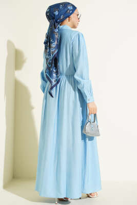 Çapraz Bağlamalı Taş Düğmeli Elbise Mavi - Elbise