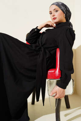 Çapraz Bağlamalı Taş Düğmeli Elbise Siyah - MODA NORVELLA