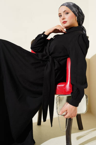 Çapraz Bağlamalı Taş Düğmeli Elbise Siyah - Elbise