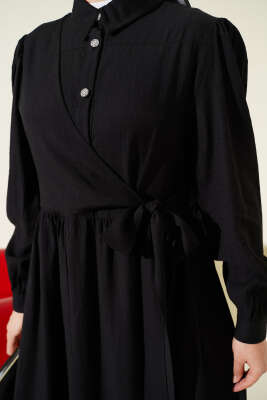 Çapraz Bağlamalı Taş Düğmeli Elbise Siyah - Elbise