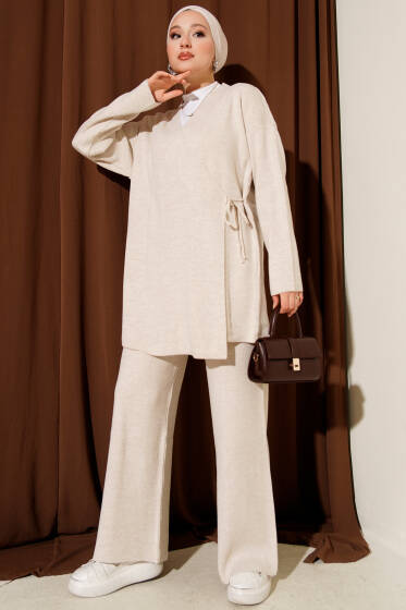 Çapraz Bağlamalı Triko Takım Bej - İkili Takım
