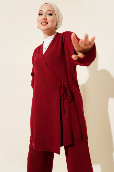 Çapraz Bağlamalı Triko Takım Bordo - İkili Takım