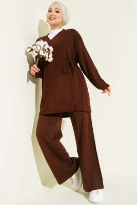 Çapraz Bağlamalı Triko Takım Kahve - VAV TEKSTİL