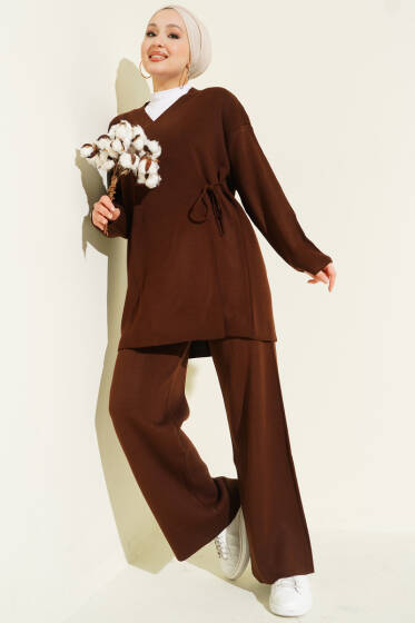 Çapraz Bağlamalı Triko Takım Kahve - İkili Takım