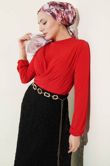 Çapraz Büzgülü Sandy Bluz Kırmızı - Bluz
