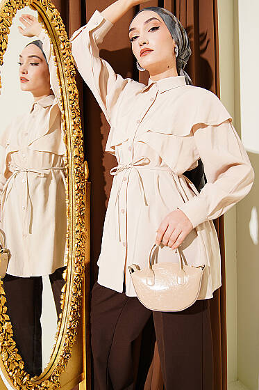 Çapraz Detaylı İp Kuşaklı Gömlek Bej - Gömlek