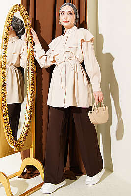 Çapraz Detaylı İp Kuşaklı Gömlek Bej - Gömlek