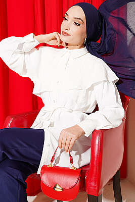 Çapraz Detaylı İp Kuşaklı Gömlek Ekru 