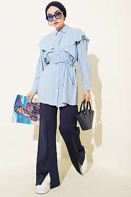 Çapraz Detaylı İp Kuşaklı Gömlek Mavi - Gömlek