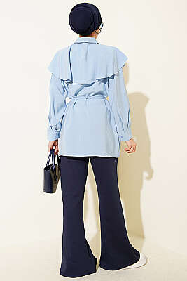 Çapraz Detaylı İp Kuşaklı Gömlek Mavi - Gömlek