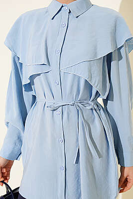 Çapraz Detaylı İp Kuşaklı Gömlek Mavi - Gömlek