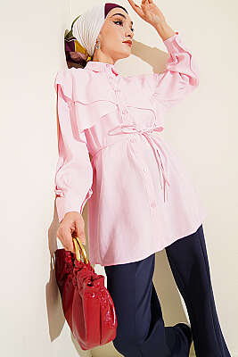 Çapraz Detaylı İp Kuşaklı Gömlek Pembe 