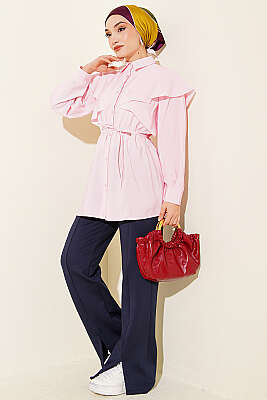 Çapraz Detaylı İp Kuşaklı Gömlek Pembe - Gömlek