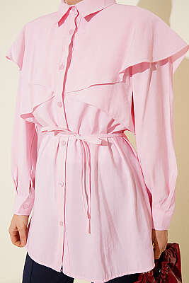 Çapraz Detaylı İp Kuşaklı Gömlek Pembe - Gömlek