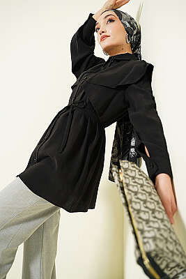 Çapraz Detaylı İp Kuşaklı Gömlek Siyah 