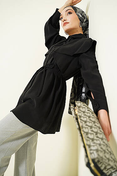 Çapraz Detaylı İp Kuşaklı Gömlek Siyah - Gömlek