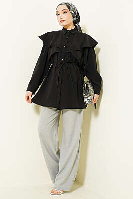 Çapraz Detaylı İp Kuşaklı Gömlek Siyah - Gömlek