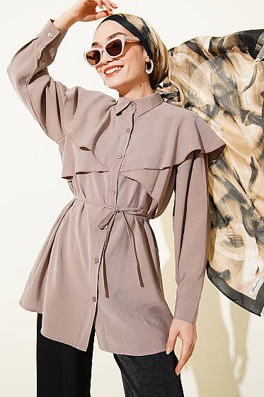 Çapraz Detaylı İp Kuşaklı Gömlek Vizon - Gömlek