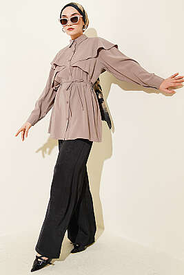 Çapraz Detaylı İp Kuşaklı Gömlek Vizon - Gömlek