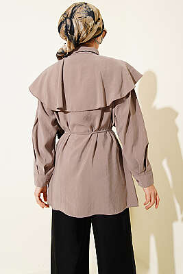 Çapraz Detaylı İp Kuşaklı Gömlek Vizon - Gömlek