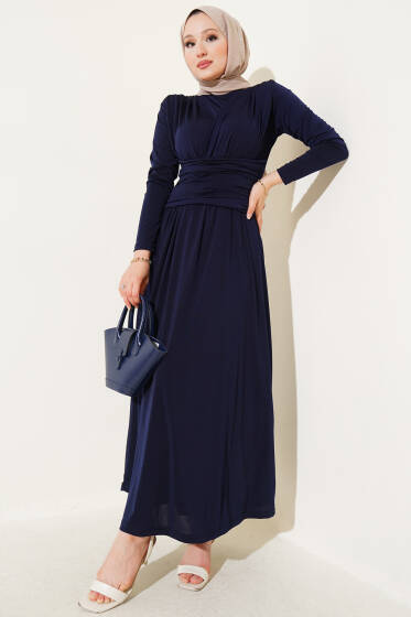 Çapraz Drapeli Sandy Elbise Lacivert - Tesettür Elbise