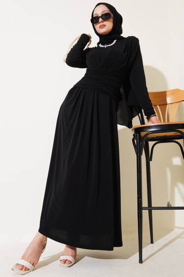 Çapraz Drapeli Sandy Elbise Siyah - Elbise