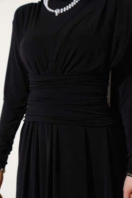 Çapraz Drapeli Sandy Elbise Siyah - Tesettür Elbise