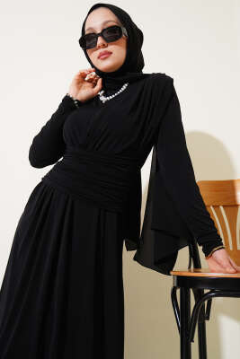 Çapraz Drapeli Sandy Elbise Siyah - Tesettür Elbise