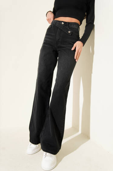 Çapraz Düğme Detaylı Palazzo Kot Pantolon Siyah - Kadın Giyim Modelleri