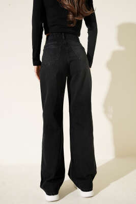 Çapraz Düğme Detaylı Palazzo Kot Pantolon Siyah - Kadın Giyim Modelleri