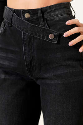 Çapraz Düğme Detaylı Palazzo Kot Pantolon Siyah - Kadın Giyim Modelleri
