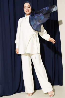 Çapraz Düğmeli Bağcıklı Paraşüt İkili Takım Ekru - VAV TEKSTİL