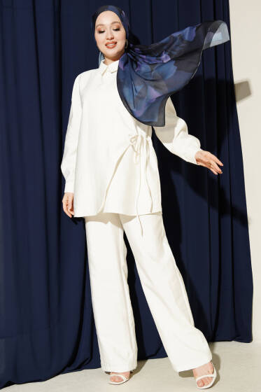 Çapraz Düğmeli Bağcıklı Paraşüt İkili Takım Ekru - İkili Takım